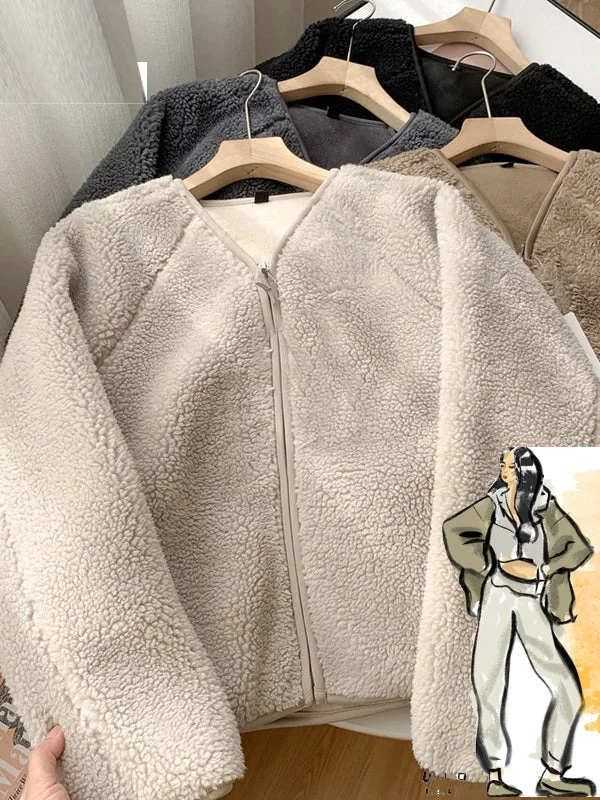 Lambswool Crop Jackets Women Warm V-neck Solid Outwear Autumn Zippered Jacket Buttoned Jacket Snapped Jacket