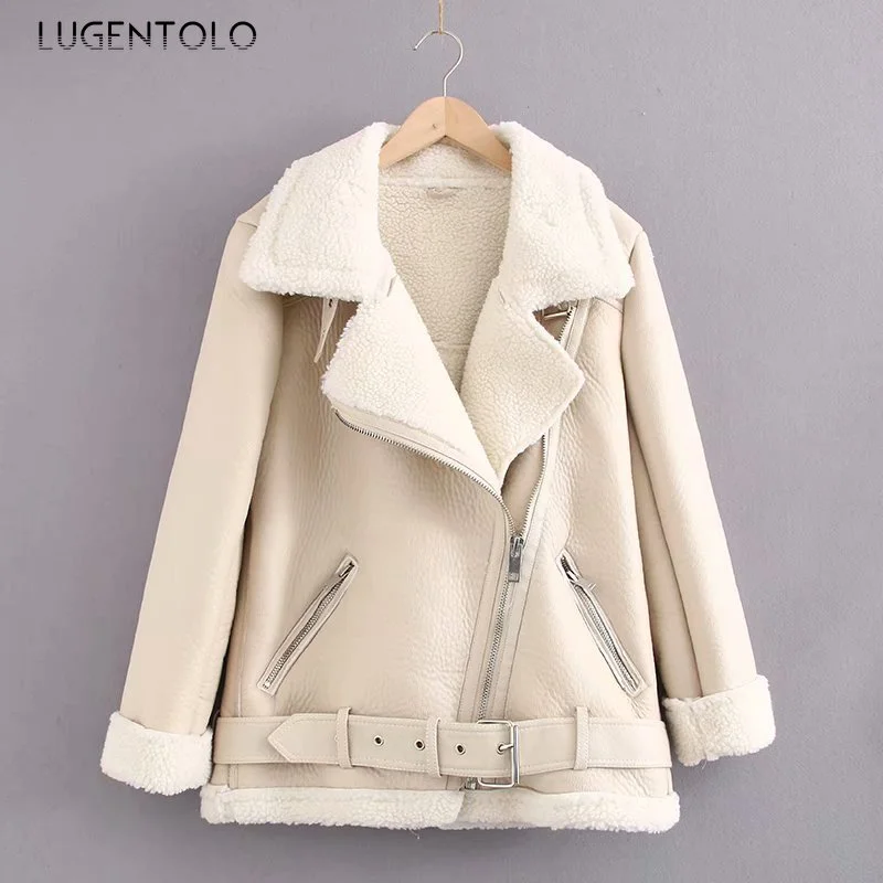 Lugentolo Leather Jacket Women Winter Lamb Wool Turn-down Fur Collar Long Sleeve PU Moto Zipper Keep Warm Thick Coat Jersey Jacket Tulle Jacket Batik Jacket