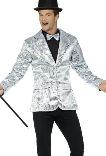 Men's Silver Sequin Jacket Tiered Jacket Buttoned Jacket Zippered Jacket