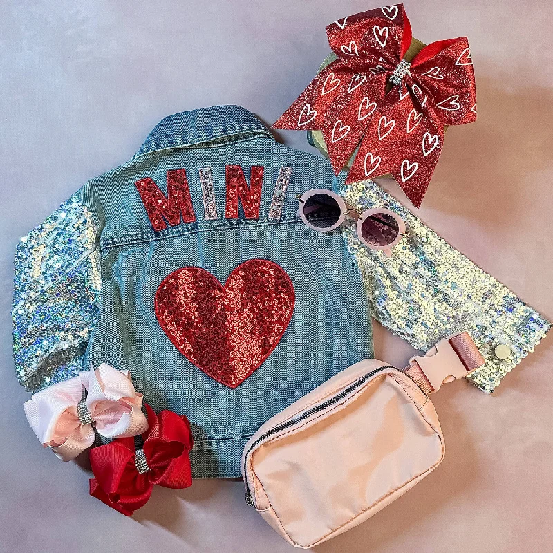 "Mini" Heart & Sequins Denim Jacket Quilted Jacket Puffer Jacket Insulated Jacket