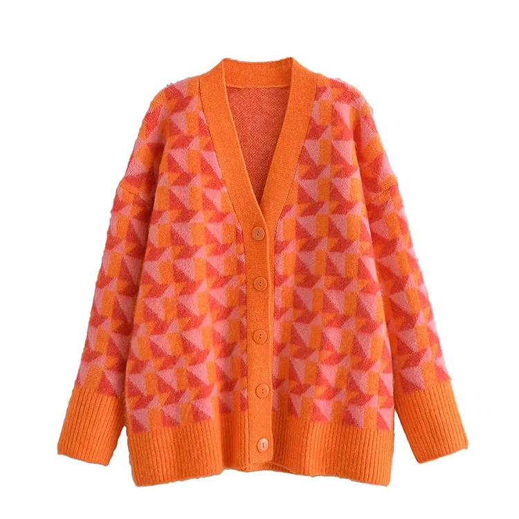 New geometric jacquard sweater jacket loose lazy cardigan  7414 Cotton Fabric Linen Fabric Terry Fabric