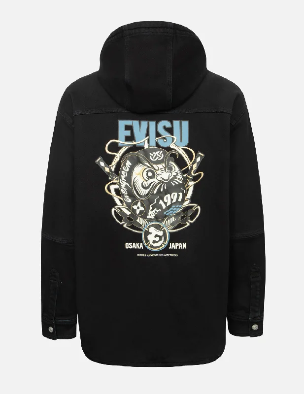 Ninja Daruma and Logo Print Regular Fit Hooded Denim Shirt Jacket One-Shoulder Jacket Off-the-Shoulder Jacket Asymmetrical Jacket