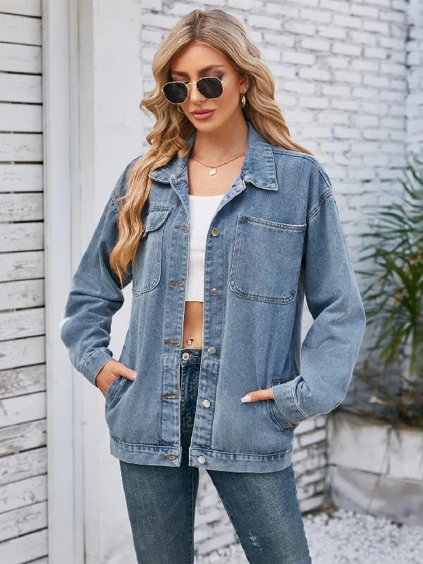 Pocketd Button Up Detachable Hooded Denim Jacket Hoodie Zip-Up Jacket Button-Up Jacket