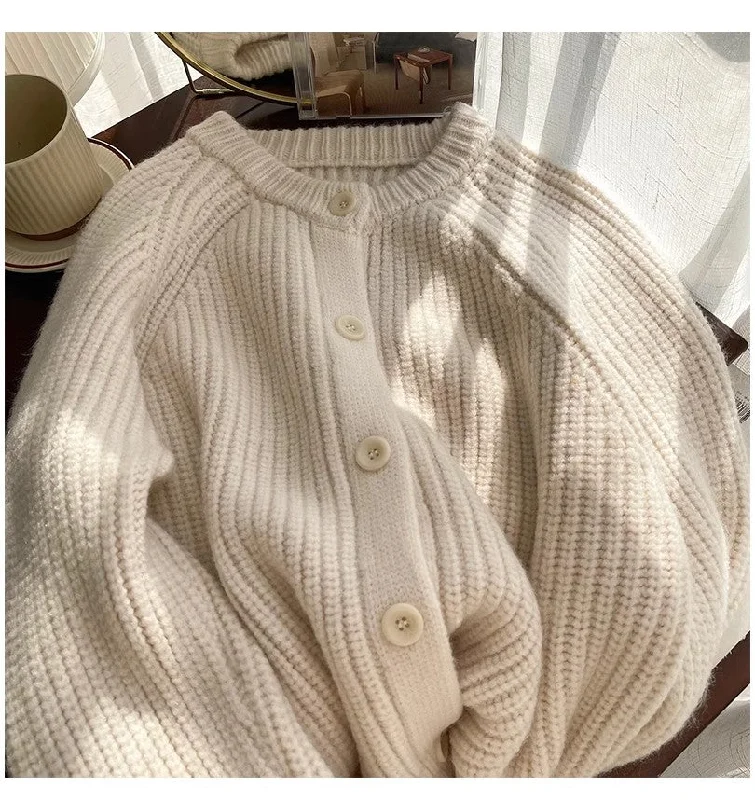 Retro round neck sweater jacket for women long-sleeved knitted cardigan     S4859 Faux Fur Jacket Real Fur Jacket Shearling Jacket