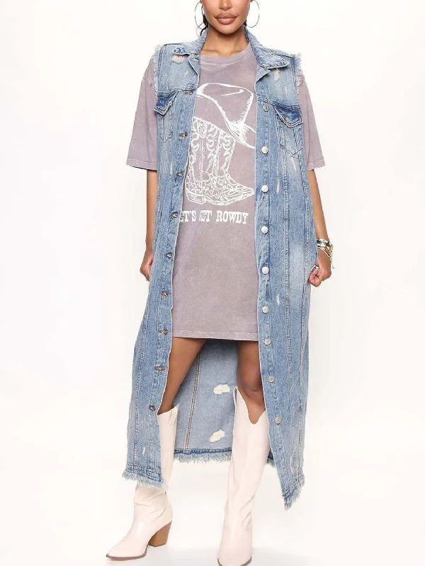 Sleeveless Longline Denim Jacket Notch Collar Peter Pan Collar Cowl Neck