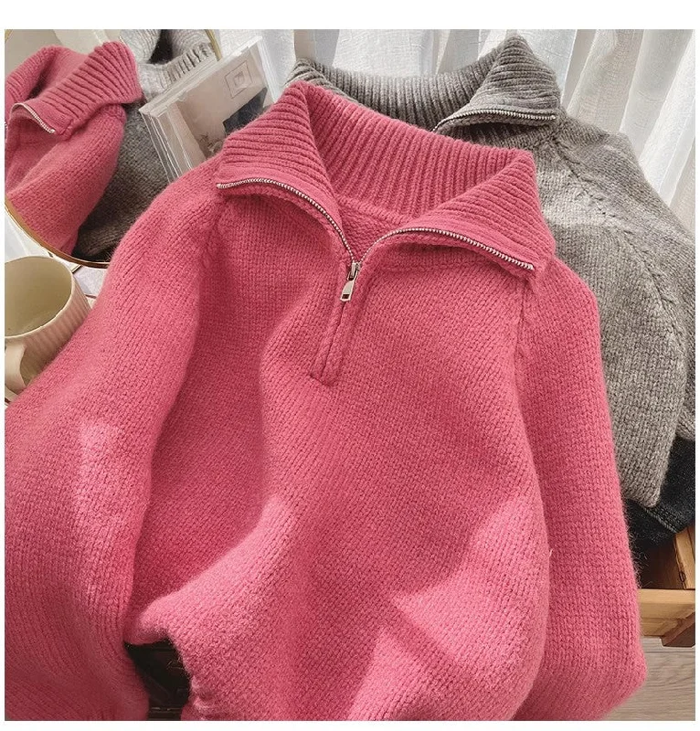Solid color half-zip sweater jacket for women short knitted top  S4868 Appliqued Jacket Beaded Jacket Sequined Jacket