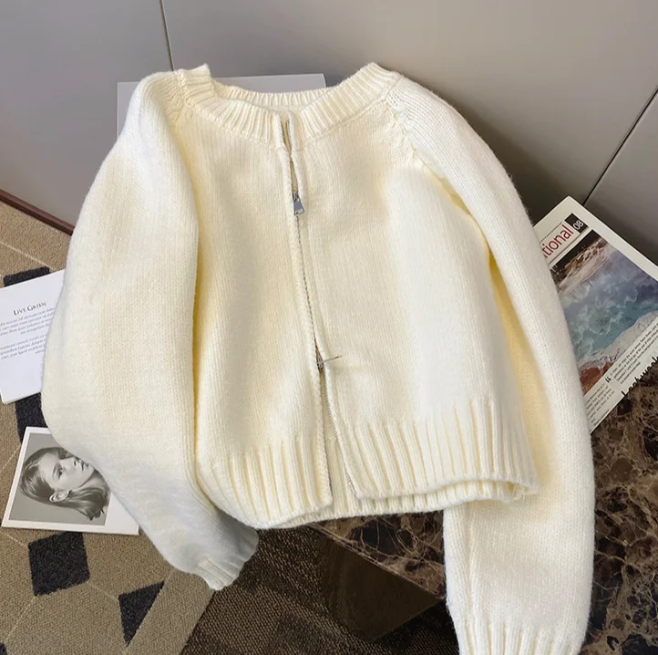 Solid Color Zipper Sweater Jacket Women's New Short Knitted Cardigan     S4858 Ribbed Jacket Pleated Jacket Ruffled Jacket