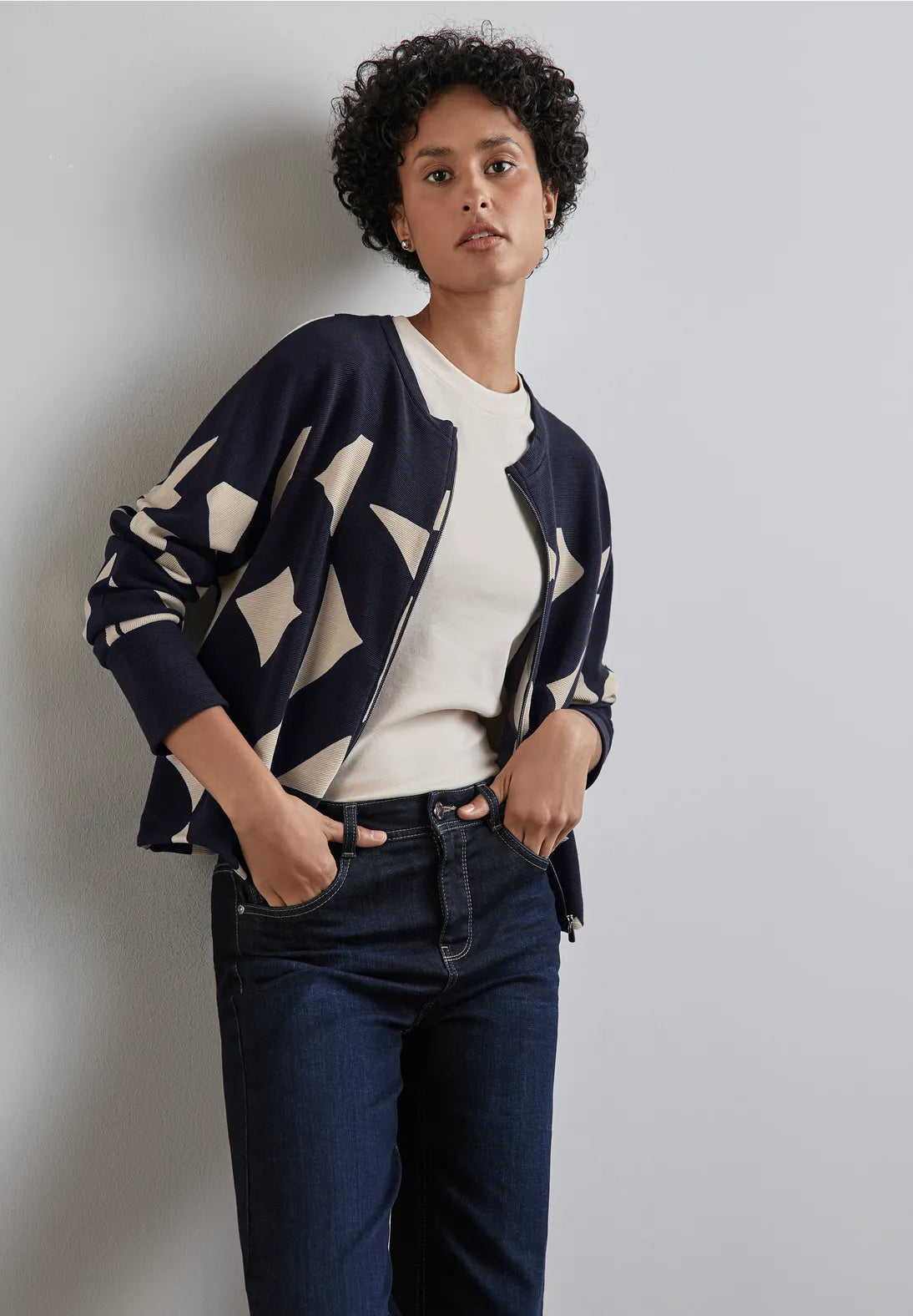 Street One Zip jacket navy and Cream print 322122 Wool Jacket Cashmere Jacket Tweed Jacket