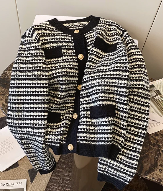 Striped long-sleeved knitted cardigan for women tops and jackets     S4903 Print Jacket Jacquard Jacket Embroidered Jacket