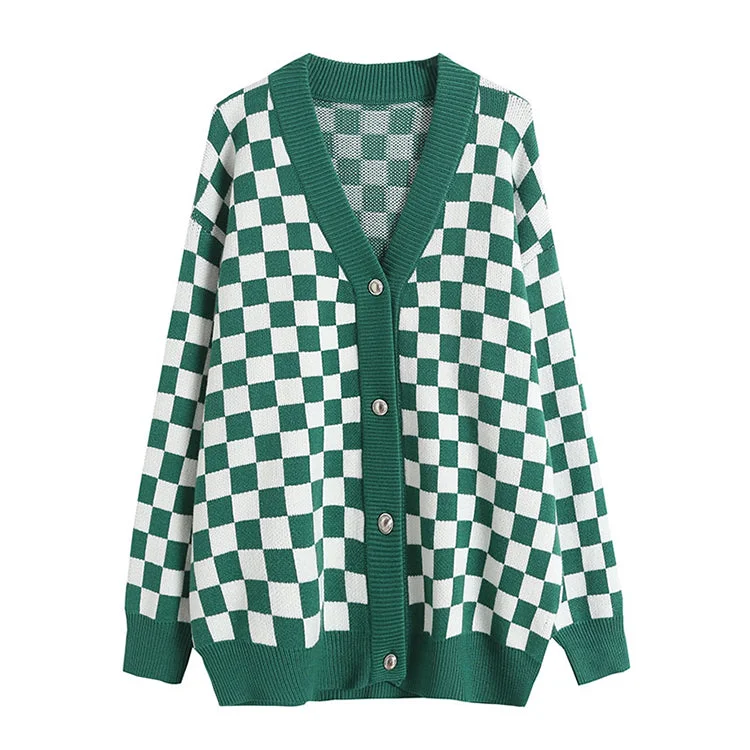 Vintage chessboard Plaid V-neck knitted jacket  7485 Tailored Jacket Straight Jacket A-Line Jacket