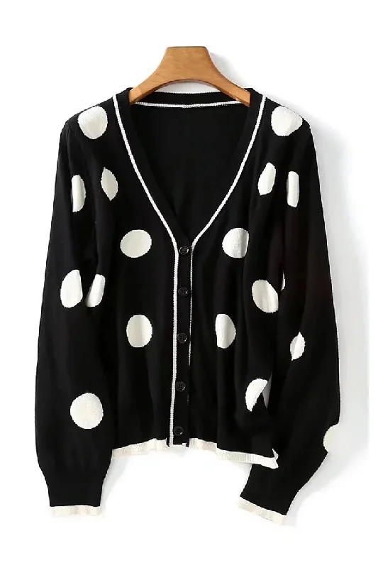 Vintage dot black and white contrast V-Neck Sweater Cardigan Jacket  7419 Welt Pockets Slit Pockets Flap Pockets