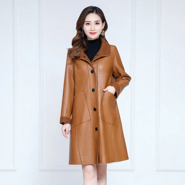 Winter warmth faux leather moto coat women black Brown  tops PU jacket 2020 new lapel leisure fashion plus thick coat Oversized Jacket Tailored Jacket Straight Jacket