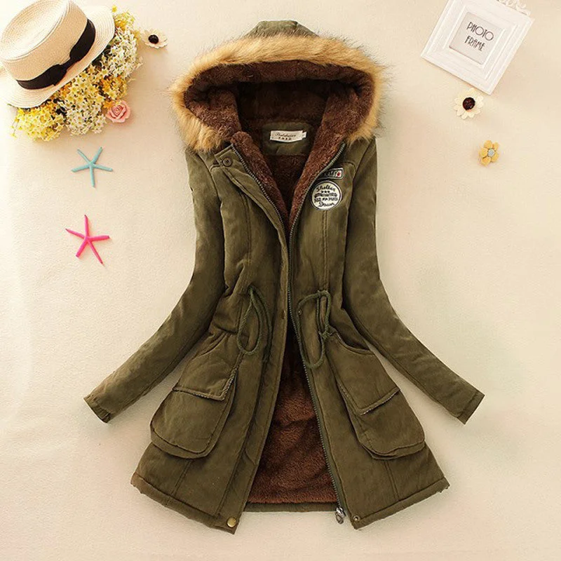 Winter Women Coat 2016 Parka Casual Outwear Military Hooded Coat Woman Clothes Fur Coats manteau femme Winter Jacket Women C001 Front Pockets Side Pockets Patch Pockets