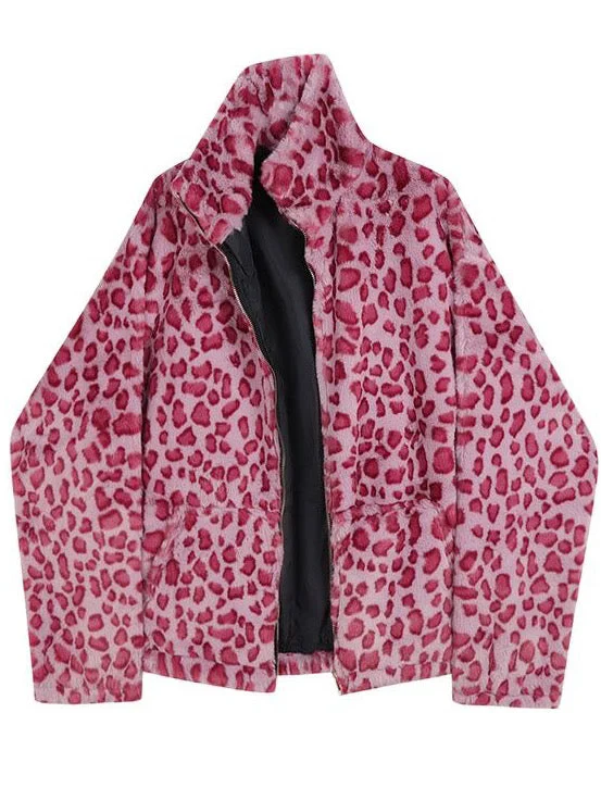 Women Pink Leopard Lamb Wool Cotton Padded Jacket Zippers Zip Front Button Front Snap Front