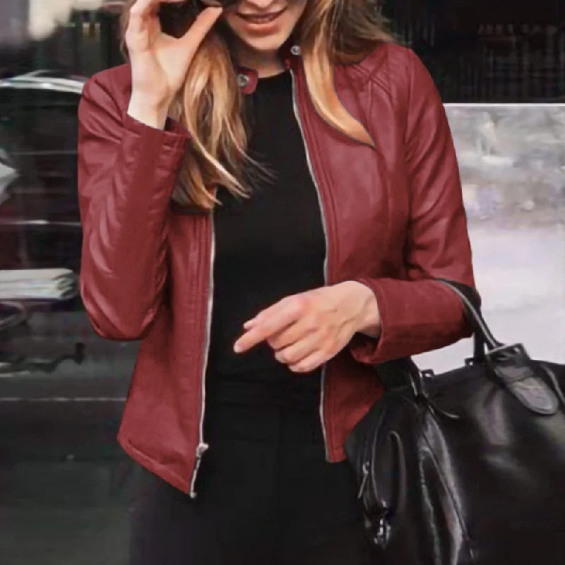 Women Spring Autumn Pu Leather Jacket Casual Slim Soft Moto Biker Faux Leather Jacket Female Coat Basic Streetwear Satin Jacket Silk Jacket Chiffon Jacket