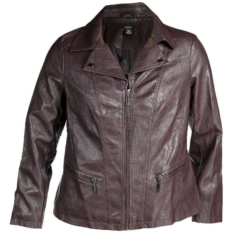 Alfani Brown Long Sleeve Faux Leather Moto Jacket Plus Size Zip Front Button Front Snap Front