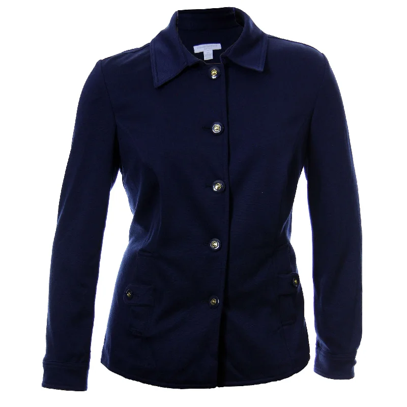Charter Club Dark Blue Long Sleeve Button Front Ponte Knit Jacket Zippered Front Buttoned Front Snap Front