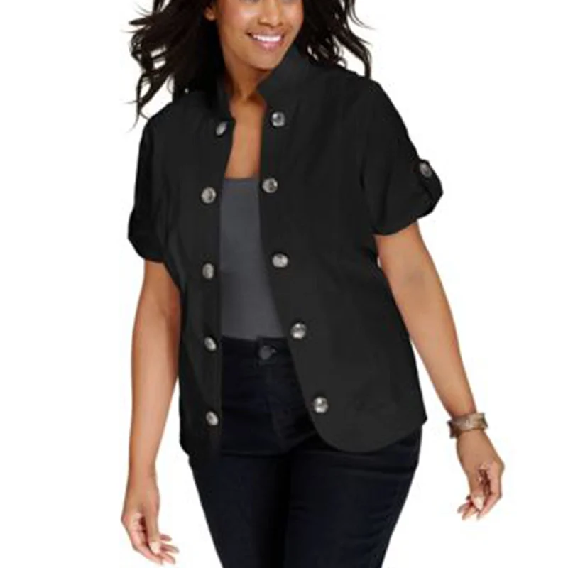 Debbie Morgan Black Short Sleeve Military Jacket Coat Plus Size Lace Jacket Ribbed Jacket Sequined Jacket