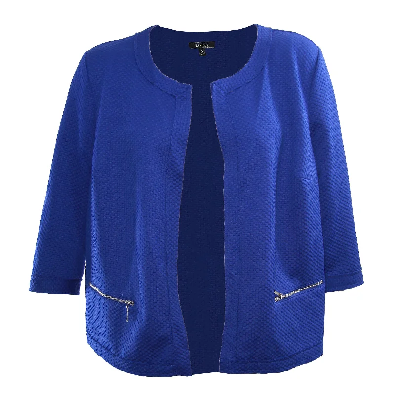 Elementz Blue 3/4 Slv Raw Edge Open Front Zipper Detail Jacket Jacket Blazer Coat