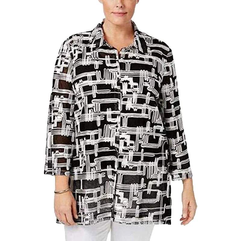 JM Collection Black / White 3/4 Sleeve Button Front Mesh Jacket Plus Size Plaid Jacket Tartan Jacket Houndstooth Jacket