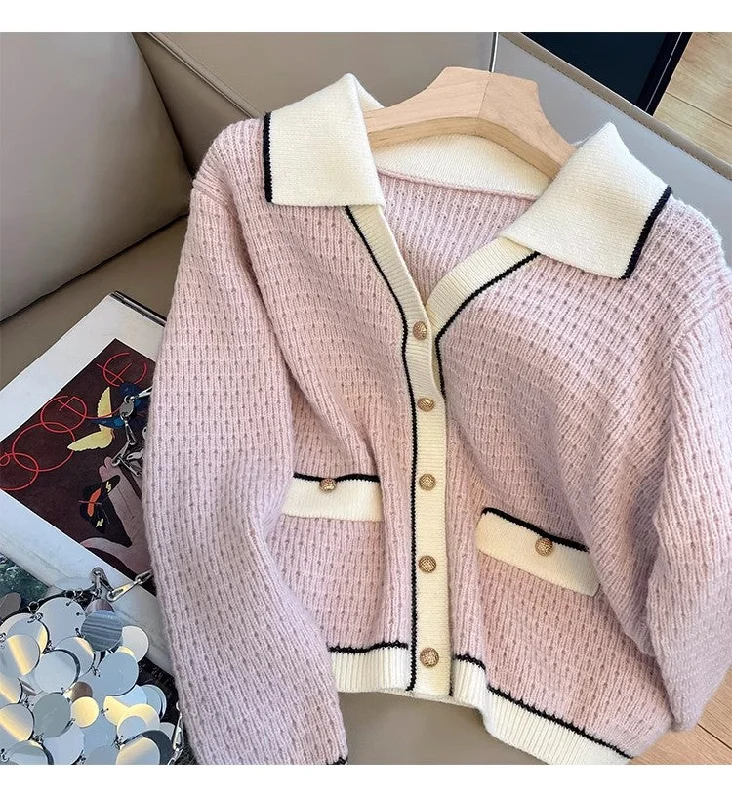knitted cardigan for women POLO collar sweater jacket     S4848 Zippered Front Buttoned Front Snap Front