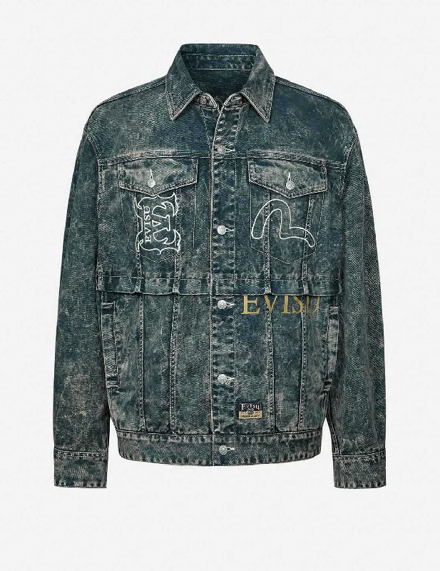 Multi-Print and Embroidery Acid-Wash Fashion Fit Denim Jacket Mesh Jacket Canvas Jacket Denim Jacket