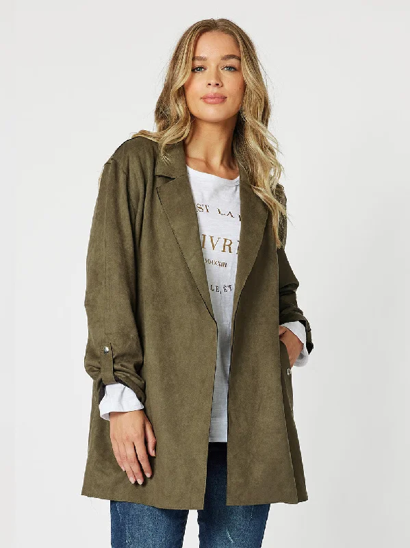Paige Faux Suede Jacket - Khaki Satin Fabric Silk Fabric Chiffon Fabric
