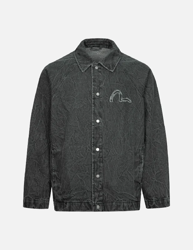 Seagull and Slogan Embroidery Oversized  Denim Coach Jacket Mesh Jacket Canvas Jacket Denim Jacket