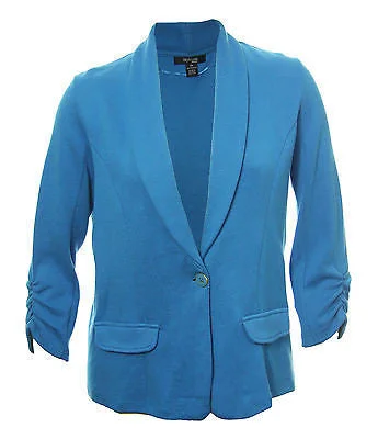 Style & Co Blue Long Ruched Sleeve 1 Button Knit Jacket Denim Fabric Leather Fabric Suede Fabric
