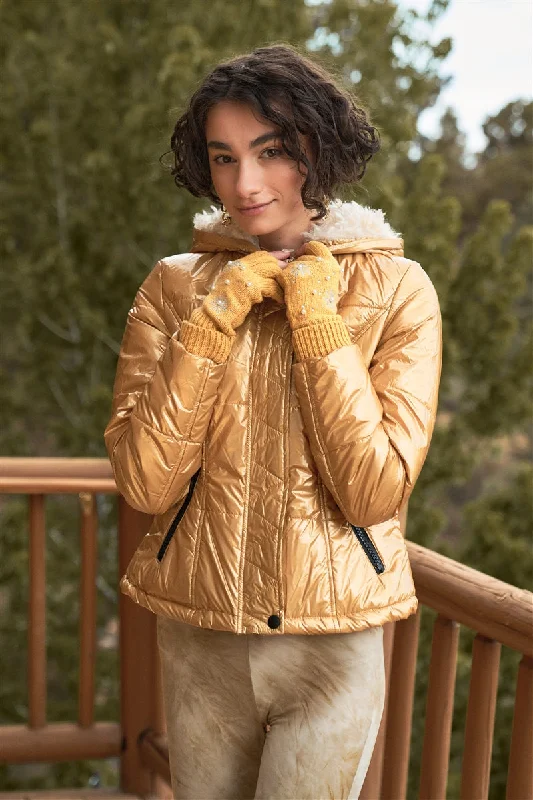 Long Sleeve Fuzzy Faux Fur Hood Padded Jacket A-Line Jacket Boat Neck Shawl Collar