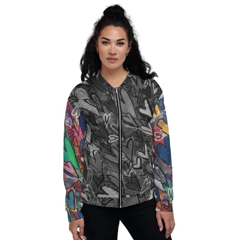 Unisex Bomber Jacket "Hearts" Original Art by Stara Art / Artist Tara Sinclair Welt Pockets Slit Pockets Flap Pockets