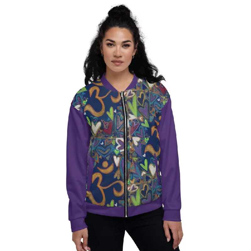 Unisex Bomber Jacket  "Ohm and Hearts" Original Art by Stara Art / Artist Tara Sinclair Insulated Jacket Fitted Jacket Loose Jacket