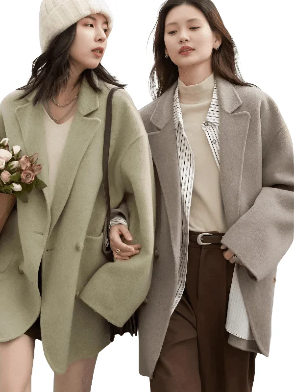 Women's Woolen Coats Loose Casual Double Breasted Retro Jacket Office Lady Outerwear Zippered Jacket Buttoned Jacket Snapped Jacket