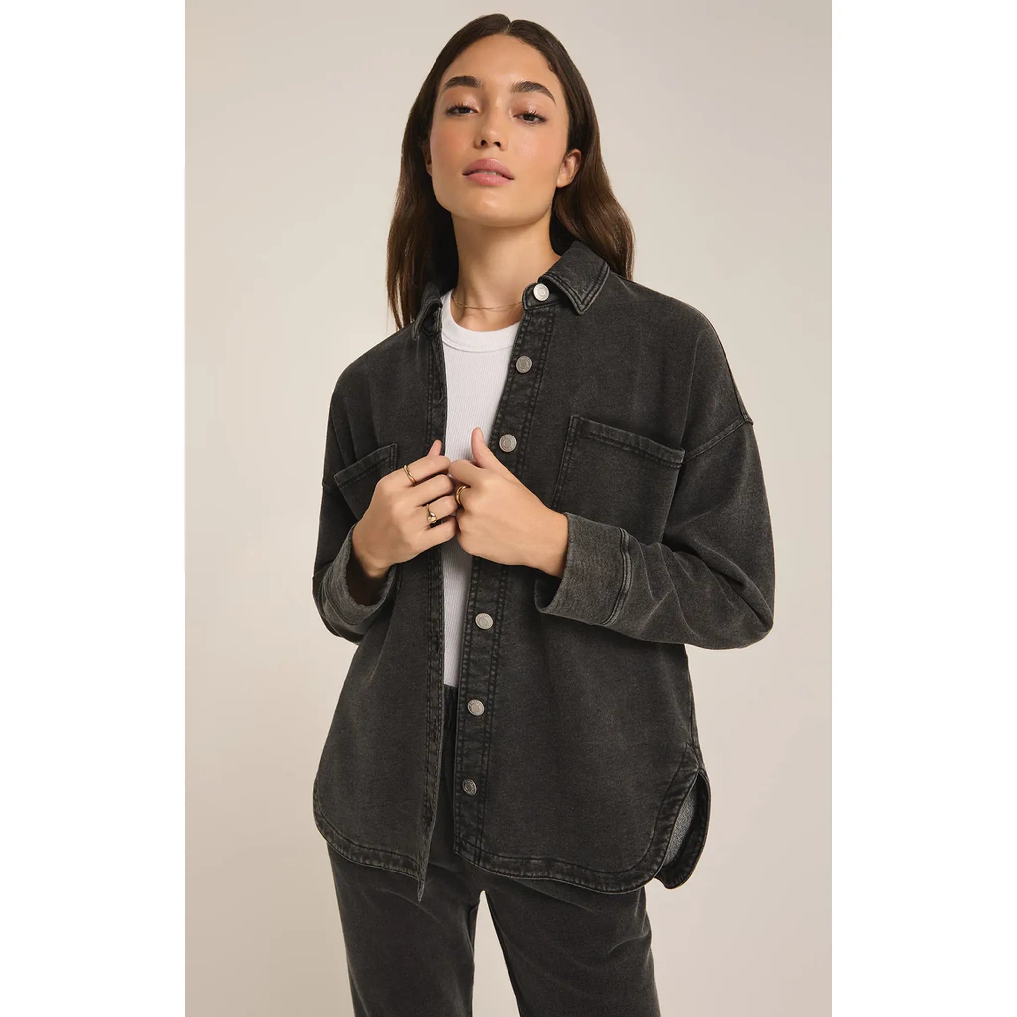 Z Supply All Day Knit Denim Jacket in Vintage Black Satin Jacket Silk Jacket Chiffon Jacket