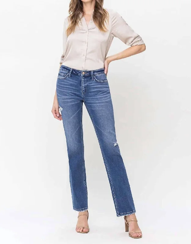 Distressed Straight Jean In Midwash Blue Elegant Raw Hem Jeans