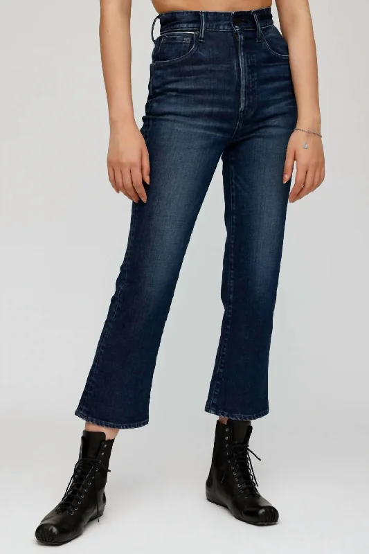 Emma Cropped Flare Jeans In Dark Blue Comfortable Zip-Fly Denim Jeans