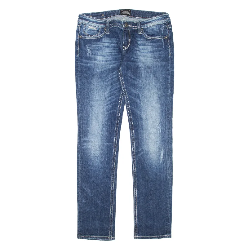 EXPRESS REROCK Distressed Low Rise Y2K Jeans Blue Denim Slim Skinny Stone Wash Womens W30 L31 Comfortable Drawstring Waist Jeans
