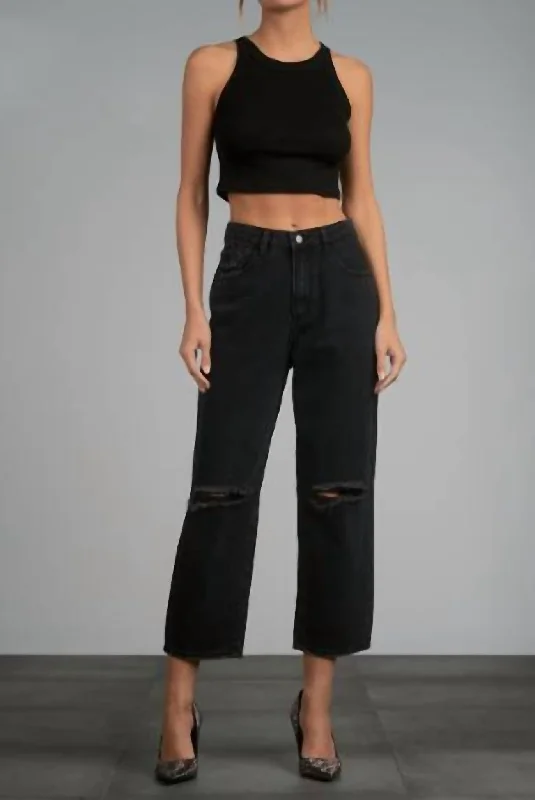 Fray Hem Distressed Crop Jeans In Black Vintage Stylish Slim Fit Denim
