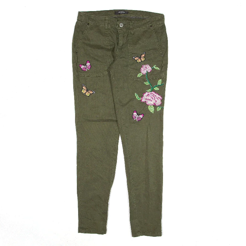 GUESS Floral Butterfly Embroidered Jeans Green Denim Slim Skinny Womens W27 L29 Fashionable Raw Hemmed Jeans