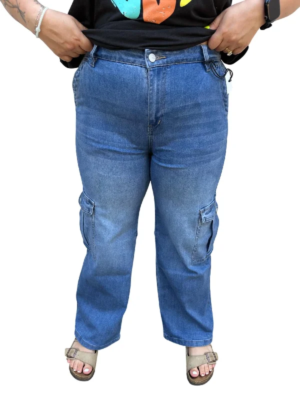 High Rise Cargo Jean In Med Blue Stylish Slim Fit Denim