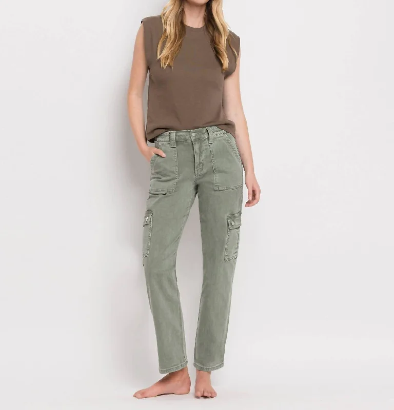 High Rise Cargo Straight Jeans In Army Green Classic Slim Fit Jeans