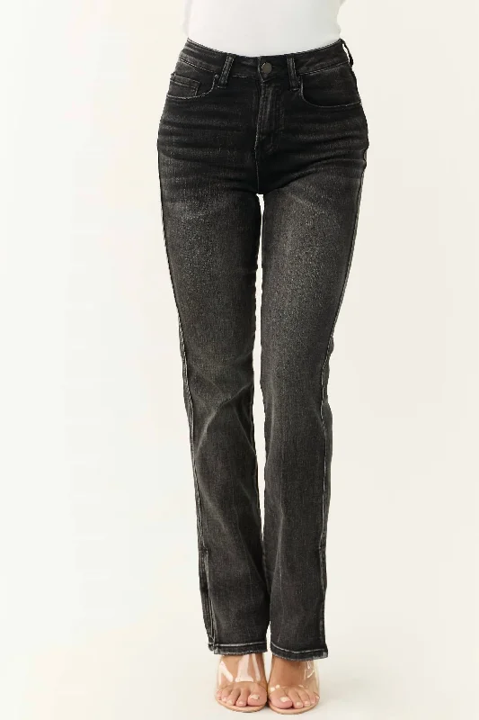 High Rise Straight Jeans With Side Slit In Black Comfortable Mid-Rise Jeans