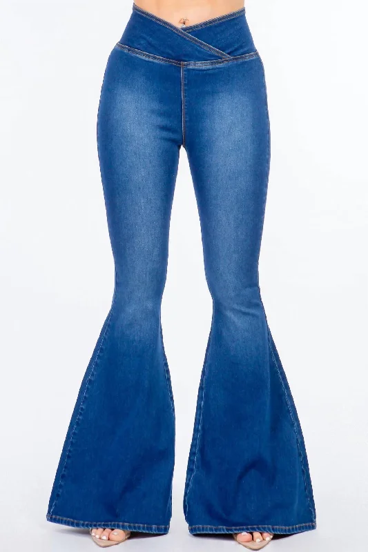 High Waist Pull On Flare Jeans In Blue Fashionable Slouchy Fit Jeans