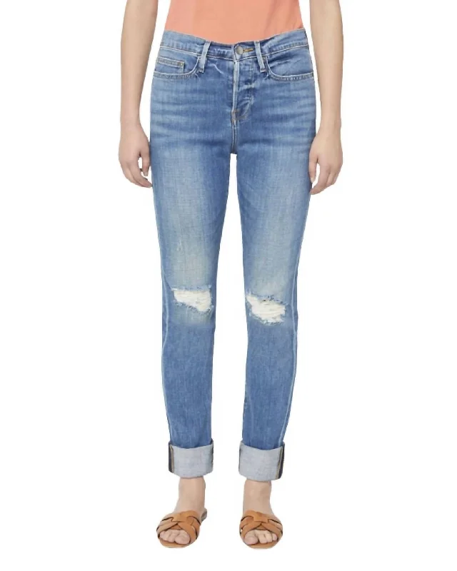 Le Beau Ankle Straight Leg Boyfriend Jeans In Cleo Rips Fashionable Slouchy Fit Jeans