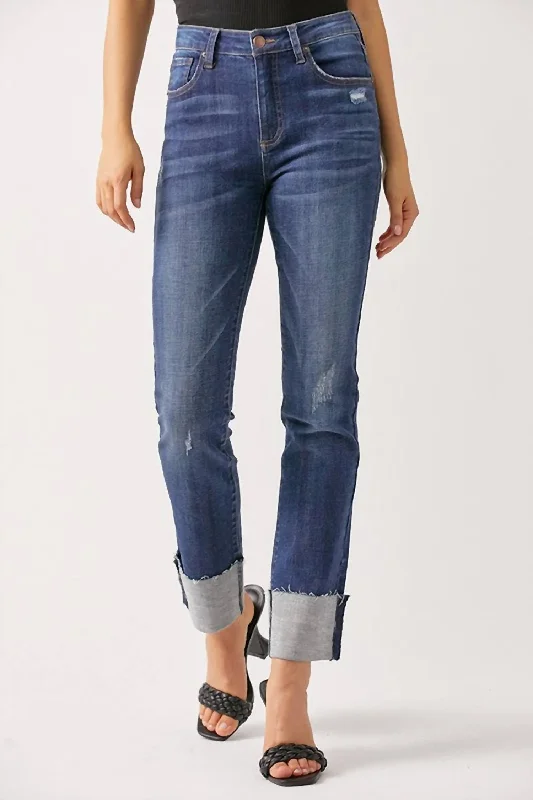 Mid Rise Boyfriend Cuffed Jeans In Dark Wash Cozy Wide-Legged Jeans