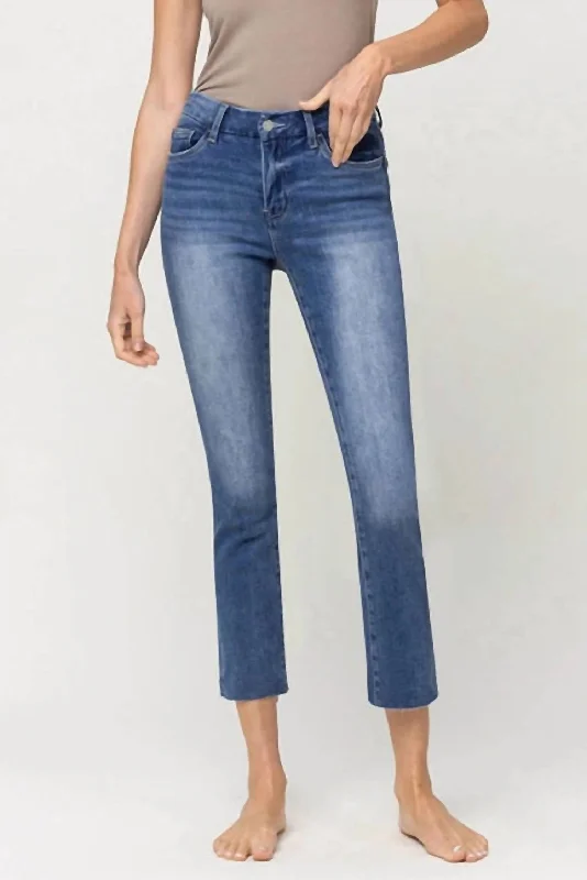 Mid Rise Crop Stretch Slim Straight Jeans In Blue Comfortable Ankle Jeans