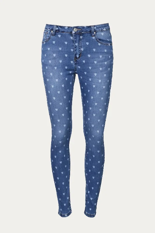 Mid-Rise Heart-Print Skinny Jean In Light Blue Stylish Acid-Wash Jeans
