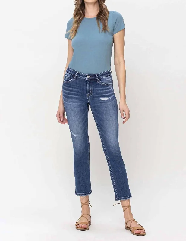 Mid Rise Straight Jeans In Blue Trendy Pleated Waist Jeans