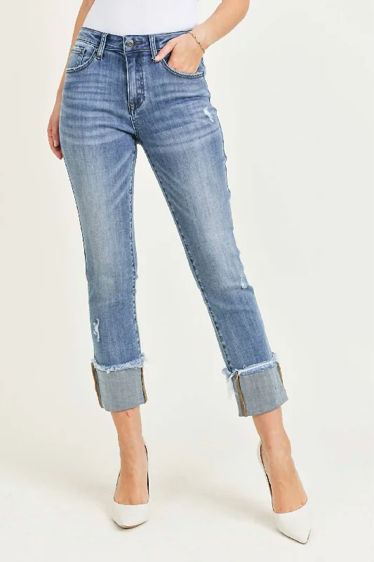 Raw Hem Cuffed Slim Straight Leg Jeans In Blue Casual Wide-Legged Denim Jeans