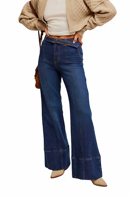 Ryla A-Line Jeans In Blue Fashionable Raw Hemmed Jeans